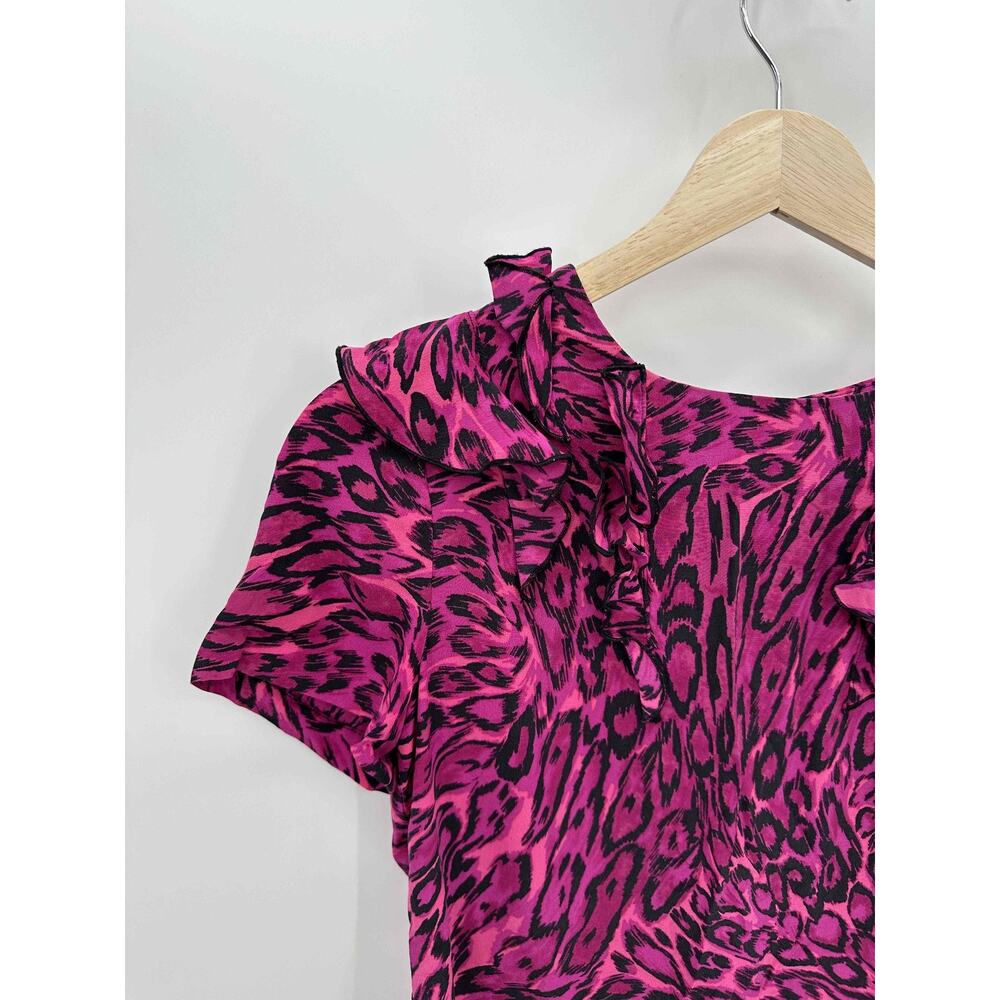 Juicy Couture Pink Animal Print Short Sleeve Silk Blouse Women Size 2 - Picture 2 of 8